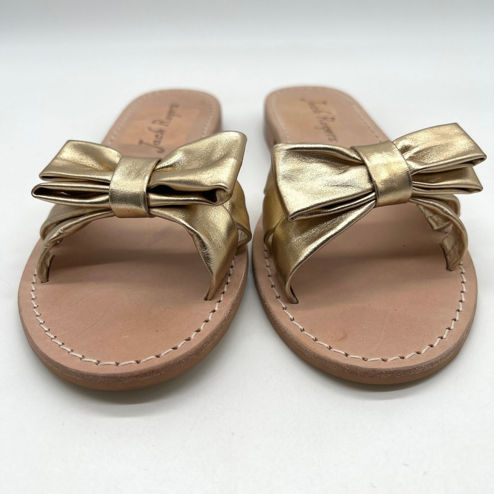 JACK ROGERS Brightly Bow Sandal Womens 8.5 Gold Nappa Leather Slip On Slide Flat - Picture 2 of 13